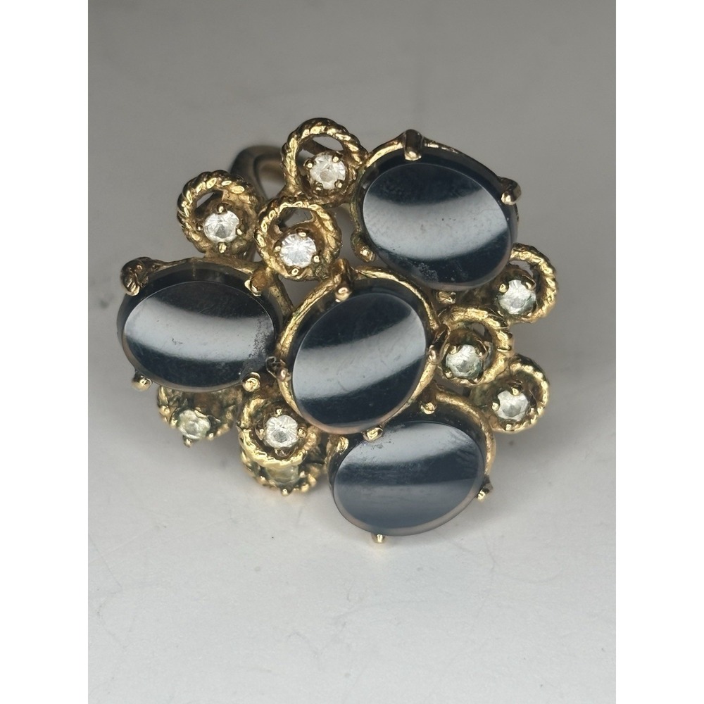 Vintage 1970s Black Cabochon Rhinestone Gold Tone Statement Ring Size 5.75